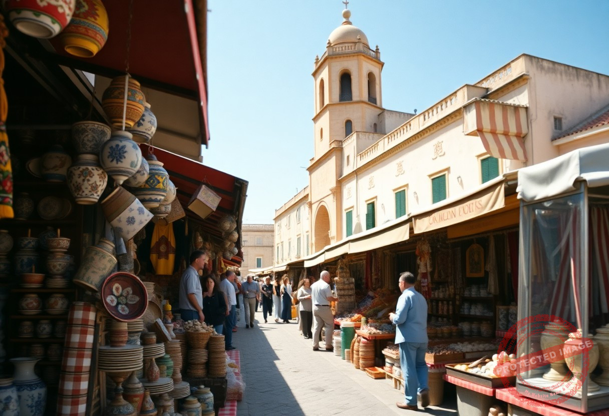 Market scene with traditional pottery stalls.