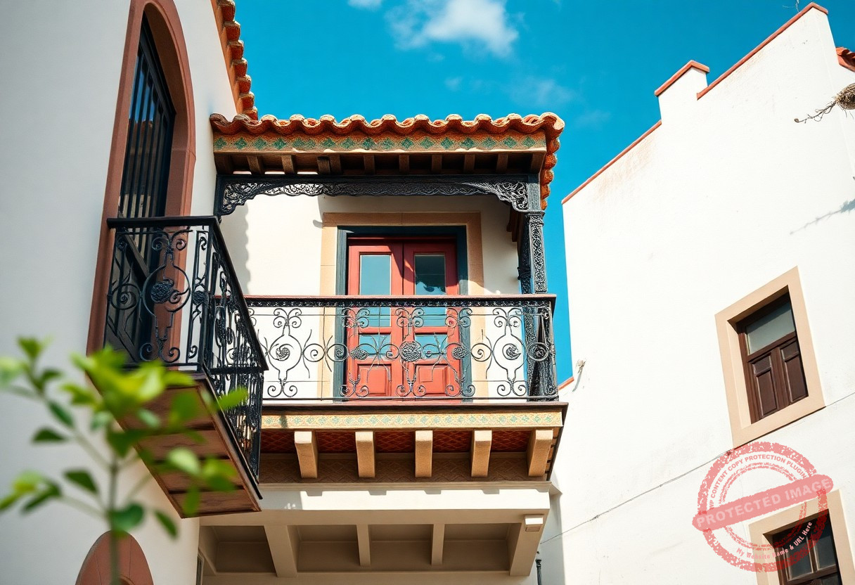 Charming balcony with intricate ironwork.