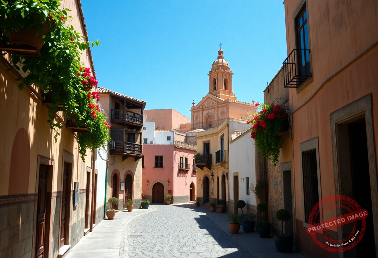 Colorful street with vibrant architecture.